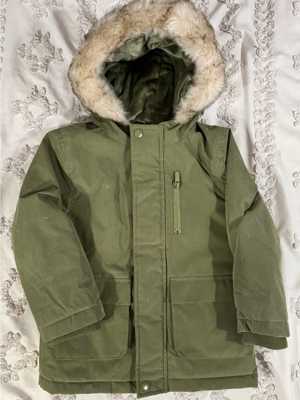 Primark Olive Green Hooded Puffer Coat with Faux Fur Trim